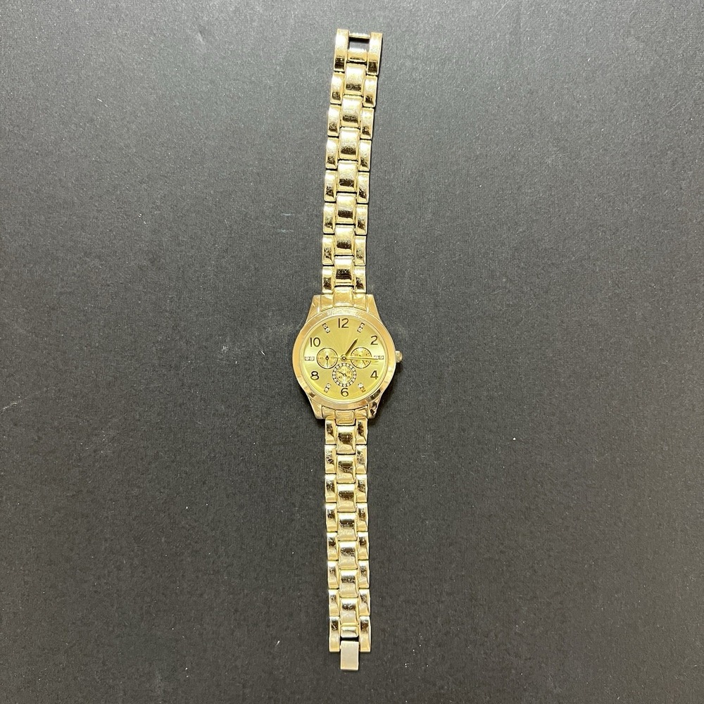 Women's Gold Tone Dial Crystal Accent Round Case Stainless Steel Band Watch